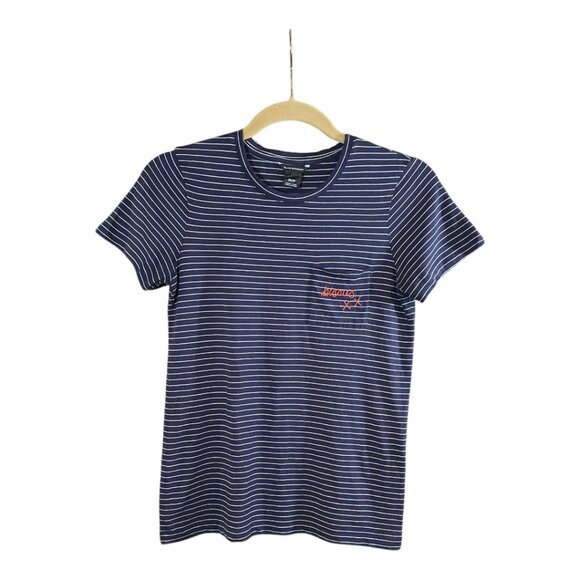 Club Monaco Leary Embroidered Bisous XX Striped Pocket Tee French Women's XS - Picture 3 of 7